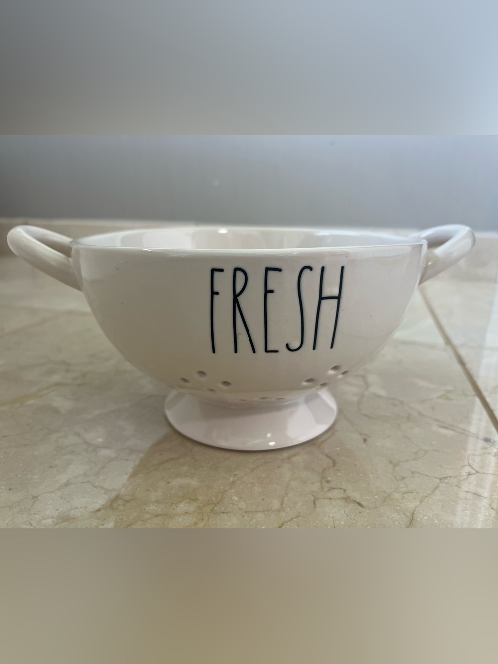 Rae Dunn FRESH Colander Ceramic White Black Strainer Berry Fruit Kitchen Bowl